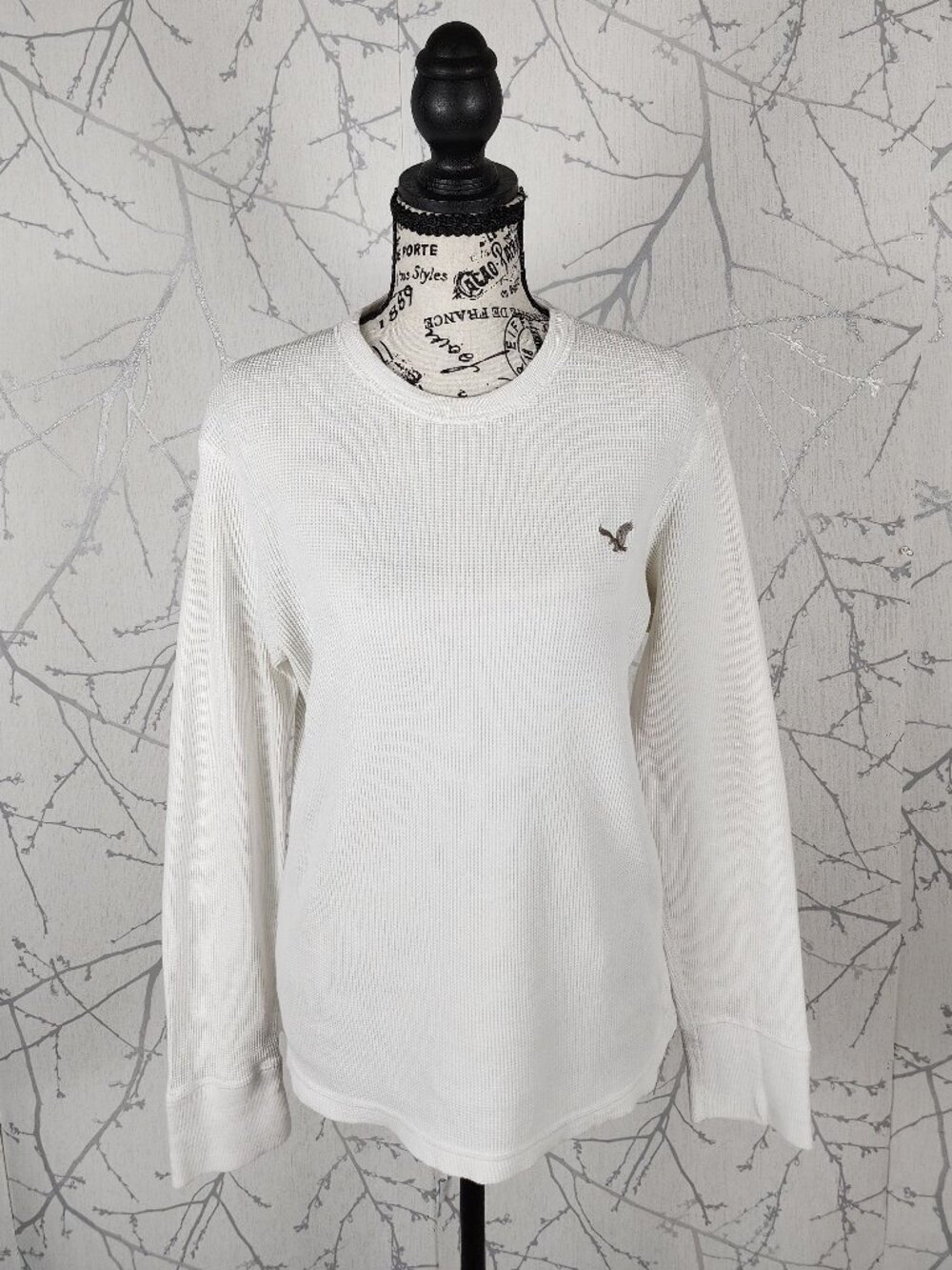 American Eagle White Cotton Waffle Knit Crewneck Thermal Tee